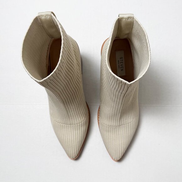 Steven New York Rib Knit Neta Stacked Heel Sock Cream Booties Size 8 - Picture 5 of 9